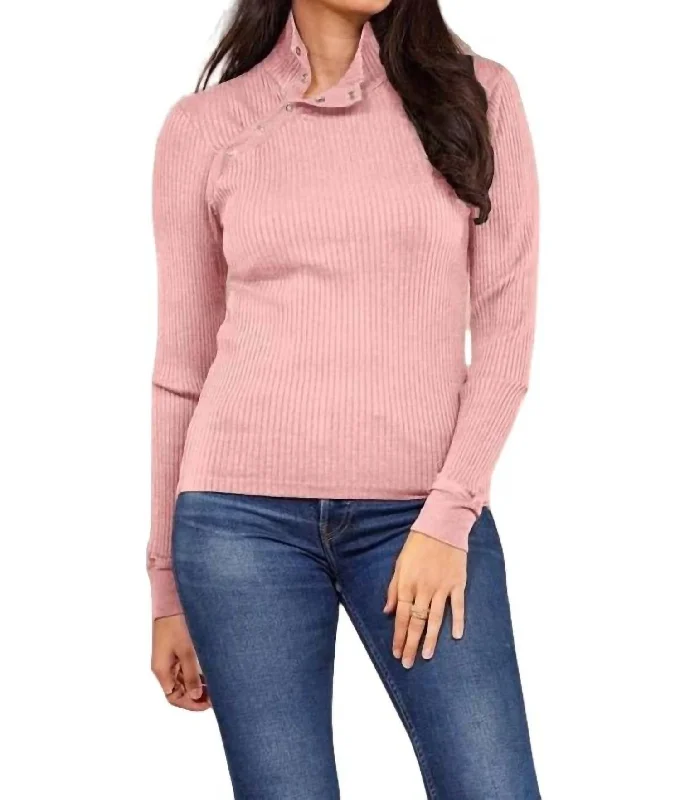 Andre Long Sleeve Snap Turtleneck Top In Pink QuartzCamping Knit Tops