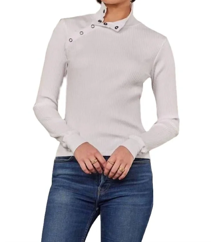 Andre Long Sleeve Snap Turtleneck Top In WhiteYoga Knit Tops