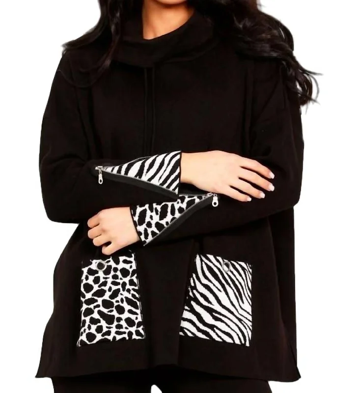 Animal Print Pocket Poncho In Black/whiteHooded Knit Tops