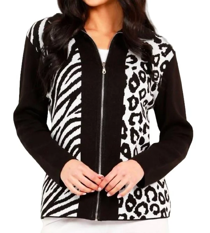 Animal Print Zip Cardigan In Black/whiteGraphic Knit Tops