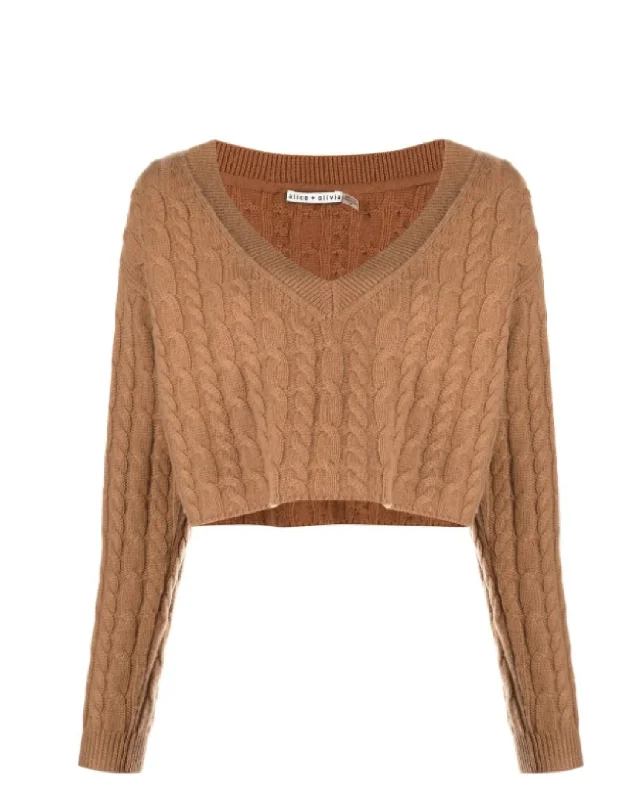 Ayden V-Neck Cable Knit Pullover Cropped Top Sweater In CamelFormal Knit Tops