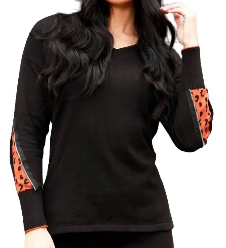 Cheetah V-Neck Sweater With Zip Sleeves In Black/rustSequined Knit Tops