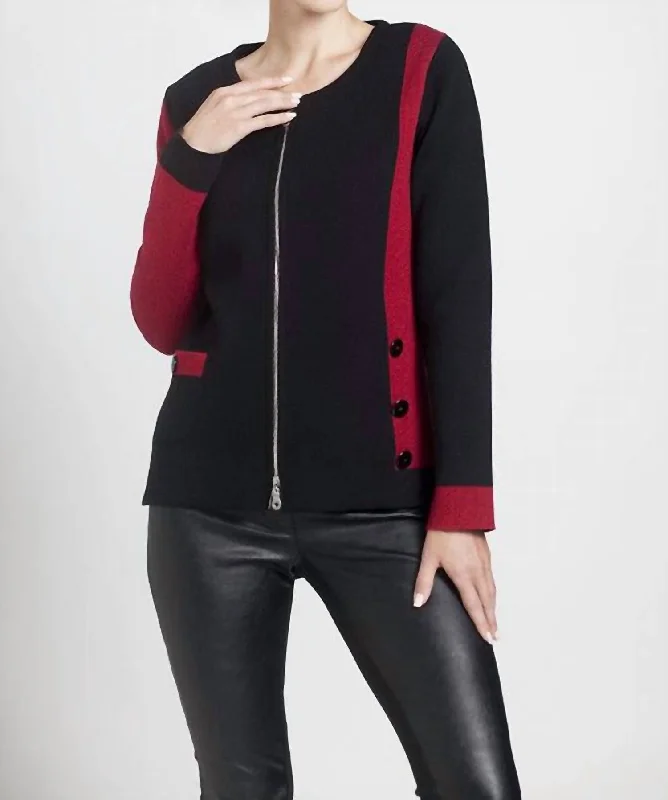 Color Block Pocket Cardigan In Black/redDesigner Knit Tops