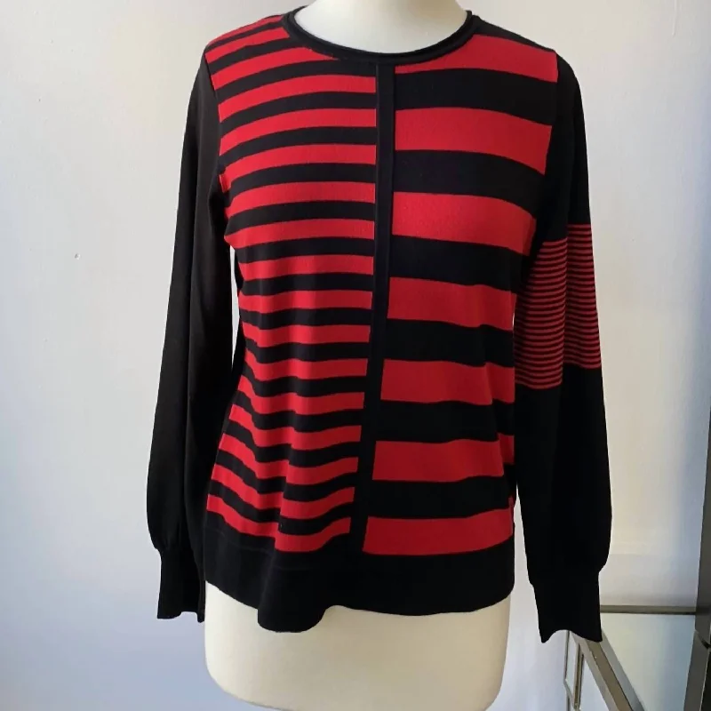 Crew Neck Pullover Top In Black W/red StripesSilk Knit Tops