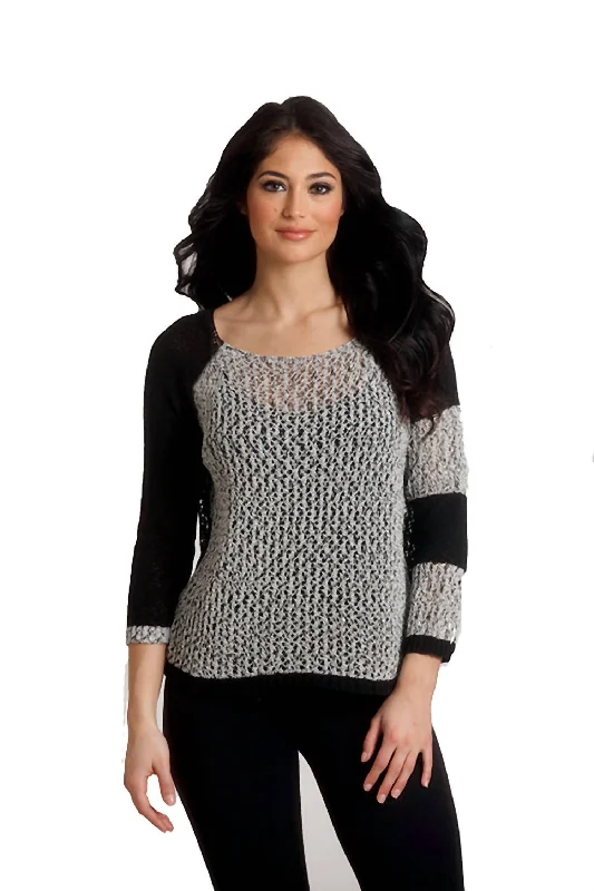 Crochet Raglan Crew In BlackfrostCotton Knit Tops