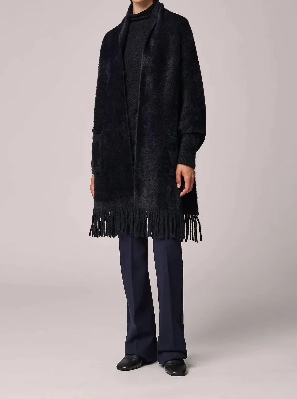 Danela Knit Scarfigan With Fringe In BlackOutdoor Knit Tops