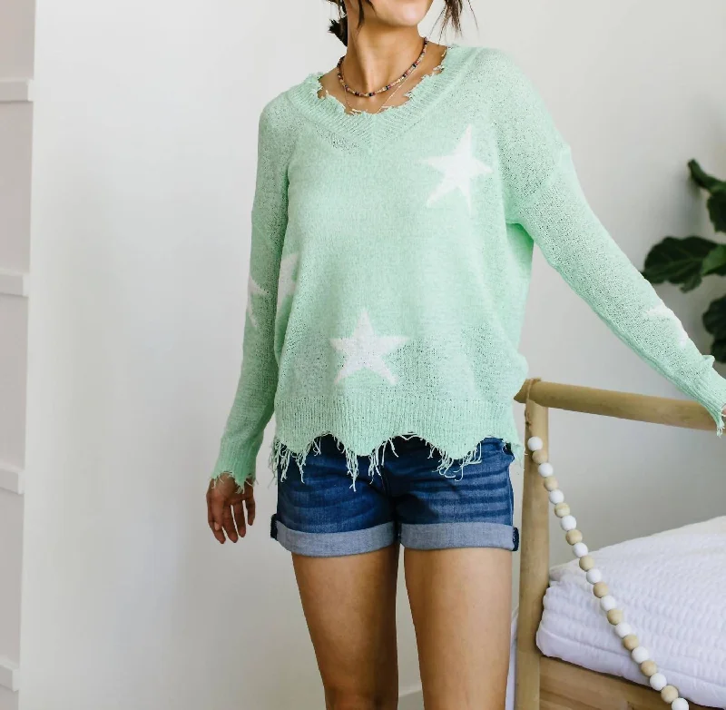 Destroyed Star Sweater In MintStriped Knit Tops