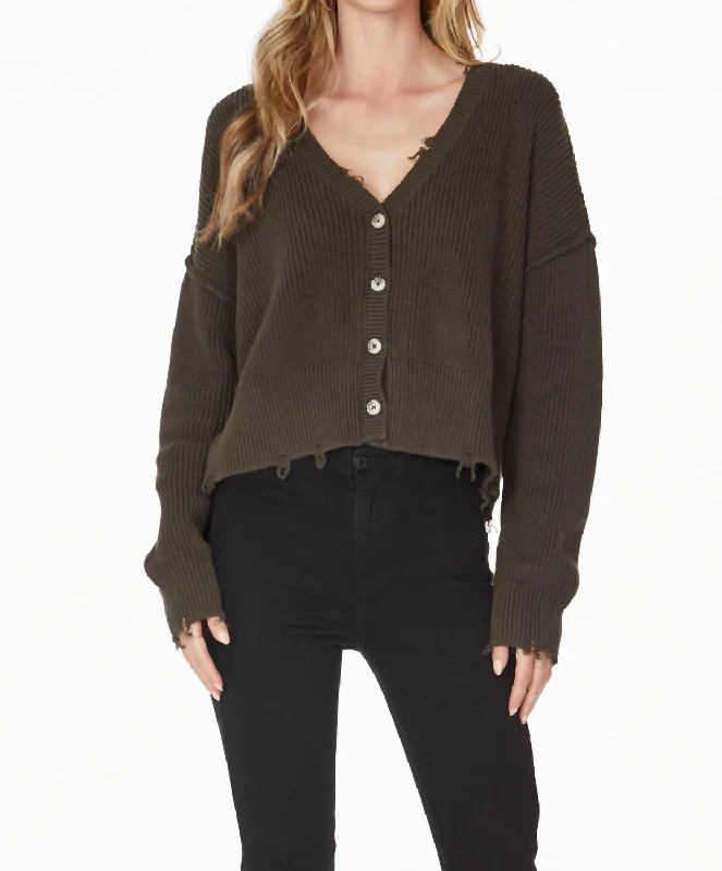 Distressed Button Front Cardigan In ArmyButton-Up Knit Tops