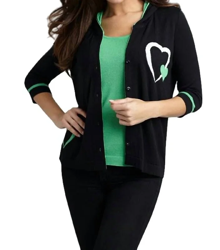 Double Heart Hooded Cardigan In BlackgreenLeather-Paneled Knit Tops