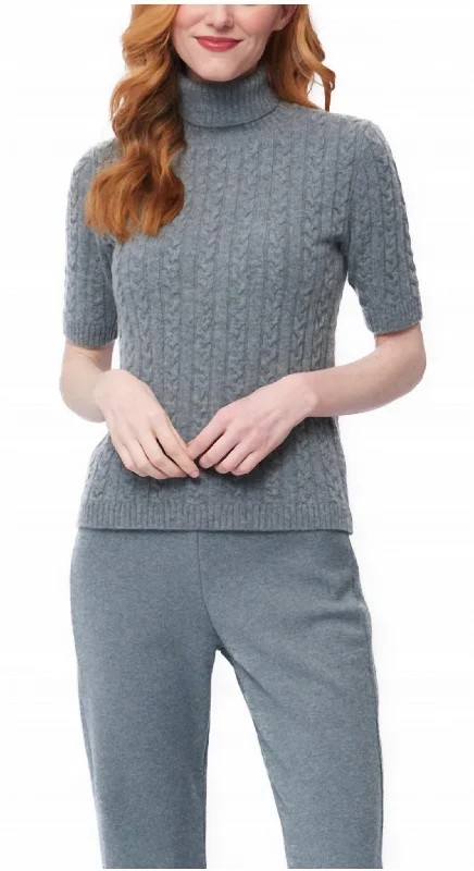 Leo Short Sleeve Cable Knit Turtleneck In GrayStatement Knit Tops