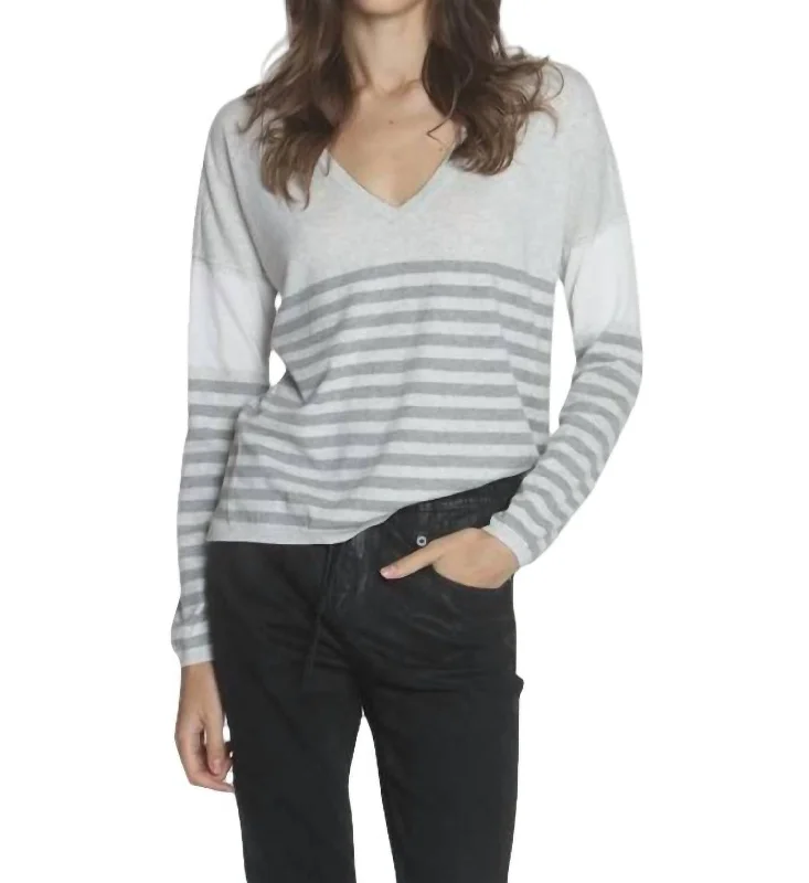 Lindsey Stripe Vee Top In Pumice/fogMetallic Knit Tops