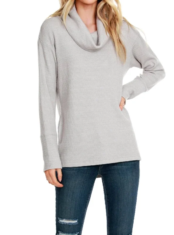 Long Sleeve Cowl Top In GreyBoat Neck Knit Tops