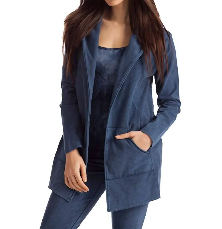 Monica Hooded Draped Cardigan In DenimSilk Knit Tops