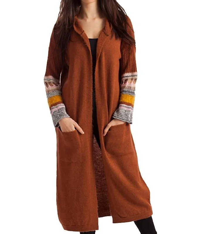 Natalia Long Cardigan With Hood In Rust MultiMetallic Knit Tops