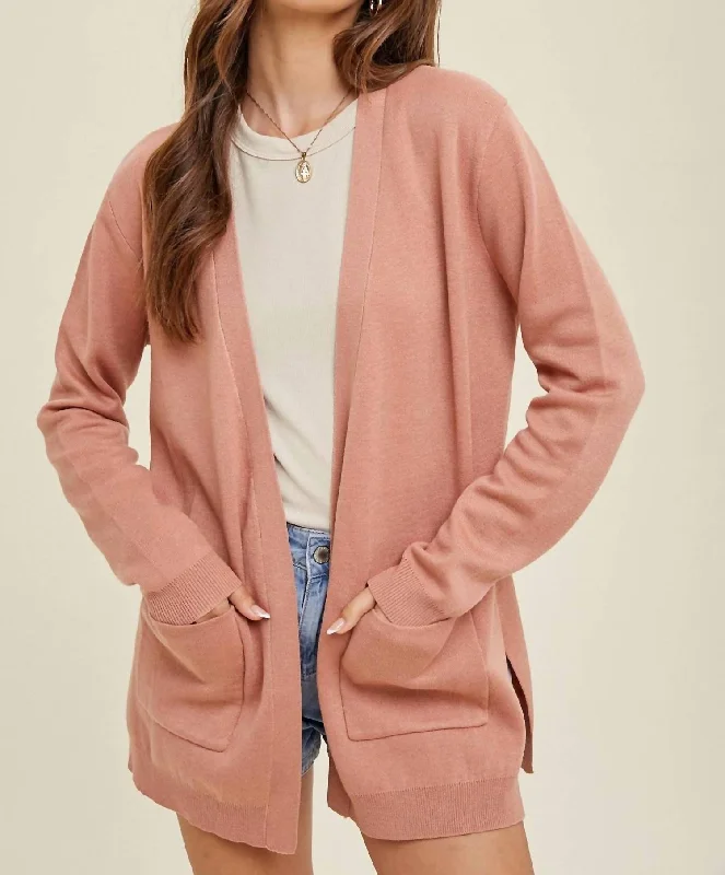 Open Cardigan In Mauve HeatheredHooded Knit Tops