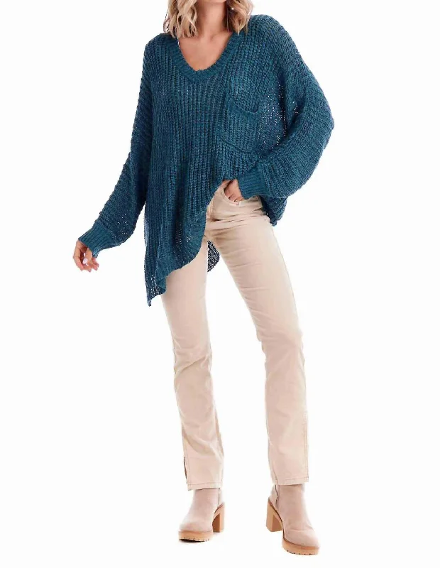 Oscar Vee Neck In BlueOff-Shoulder Knit Tops