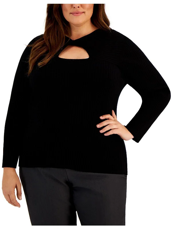 Plus Womens Ribbed Twist Neck Pullover SweaterFormal Knit Tops