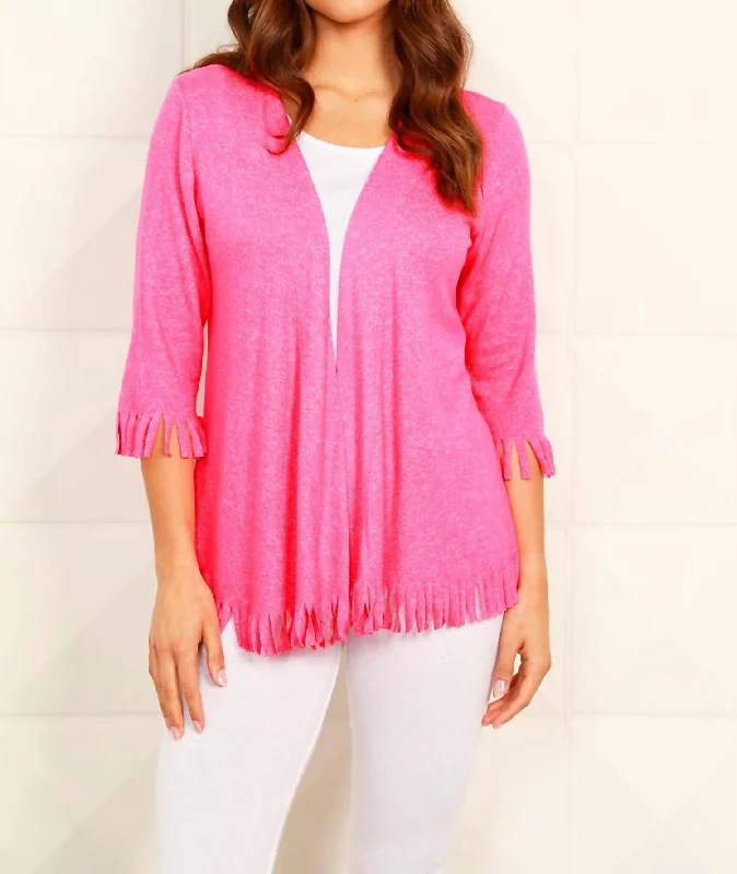 Soft Stretch 3/4 Sleeve Fringe Cardigan In CandyPerformance Knit Tops