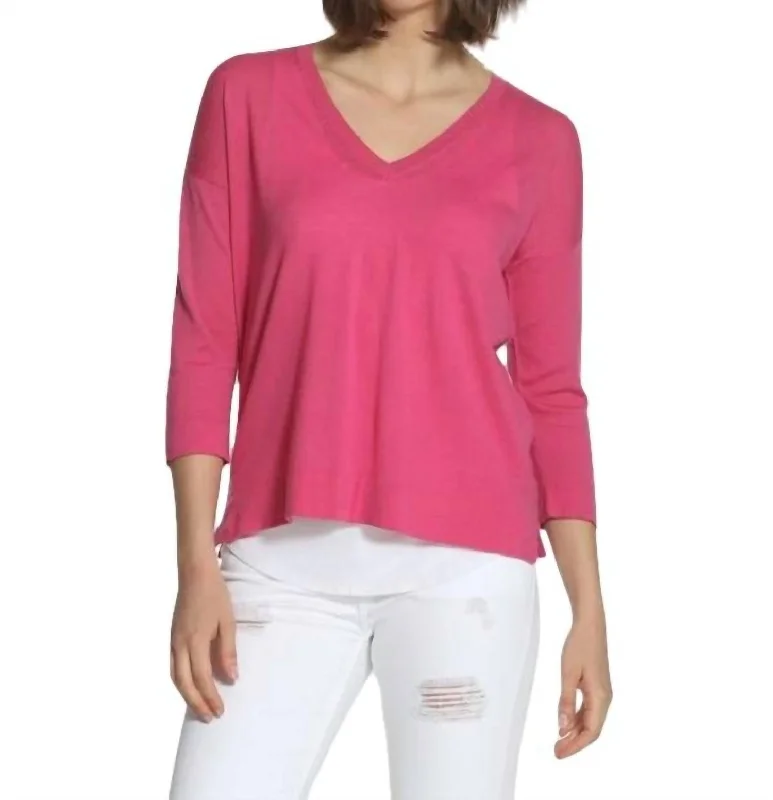 Solid Swing V Neck Pullover In PinkAsymmetrical Knit Tops