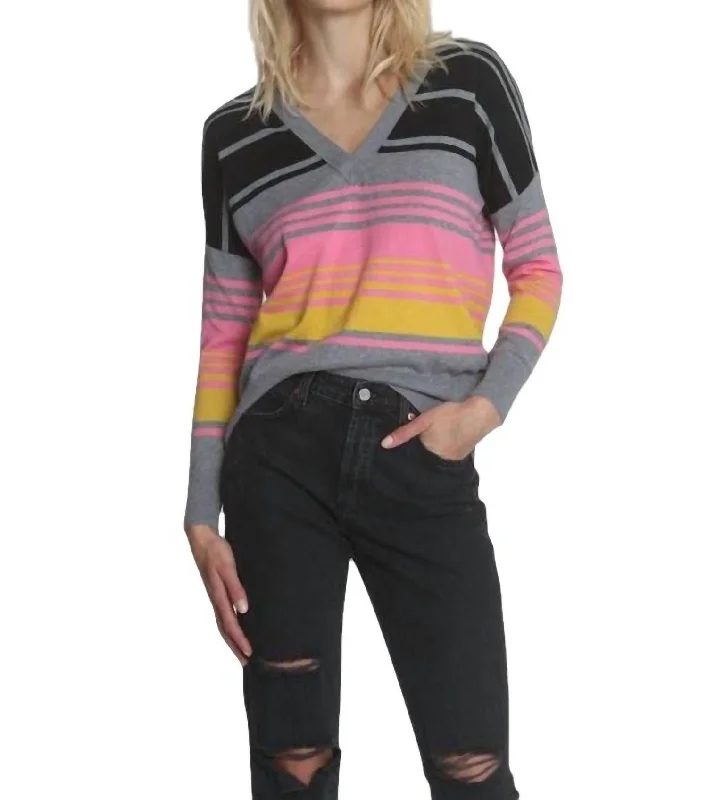 Sunrise Stripe Vee Top In Pink MultiFrench Terry Knit Tops