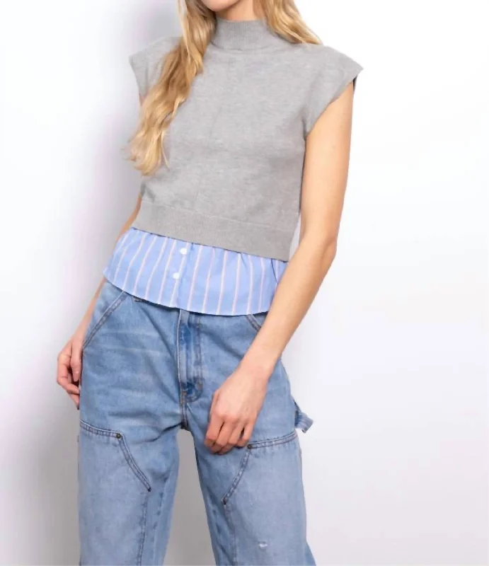 Sutton Turtle Neck Twofer Sweater In GreyThermal Knit Tops