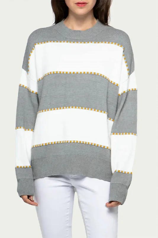 Two-Tone Striped Crewneck Sweater In Heather GreyStudded Knit Tops