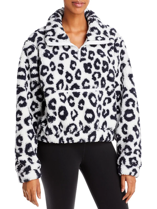 Womens Animal Print Zipper Pocket 1/2 Zip SweaterRuffled Knit Tops