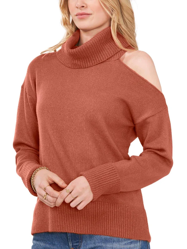 Womens Cold Shoulder Long Sleeve Turtleneck SweaterLogo Knit Tops