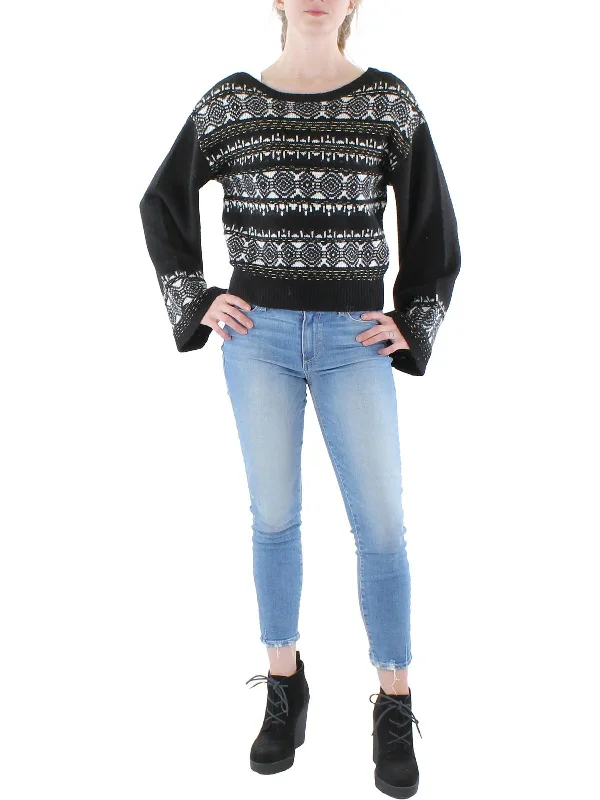 Womens Fair Isle Metallic Pullover SweaterButton-Up Knit Tops