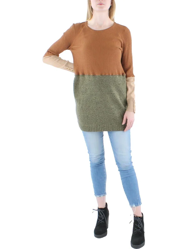 Womens Ribbed Buttons Crewneck SweaterCrewneck Knit Tops