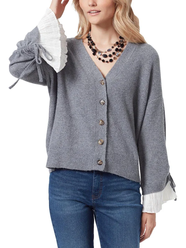 Womens V Neck Ruffled Sleeves Cardigan SweaterBranded Knit Tops