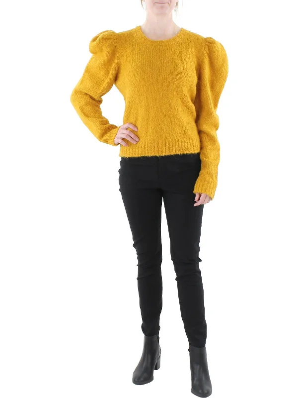 Womens Wool Ribbed Trim Crewneck SweaterSilk Knit Tops