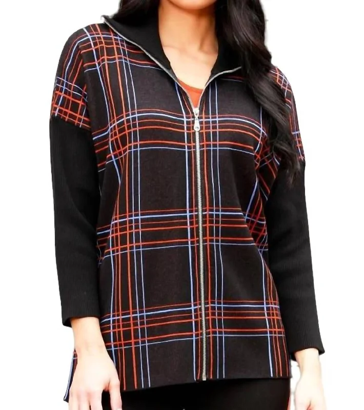 Zip Plaid Poncho In Black/multiMetallic Knit Tops