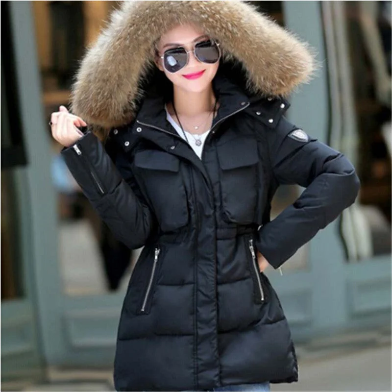 Zippered JacketsAILOOGE 2017 Winter Jacket Women Thickening Slim Long Cotton Padded Coat Fur Hood Parka Women Manteau Femme