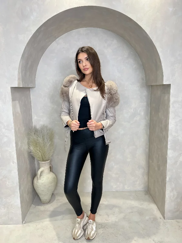 Nylon JacketsBeige Collarless Luxury Fur Biker Jacket