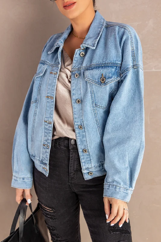 Sheer JacketsButton Down Dropped Shoulder Denim Jacket