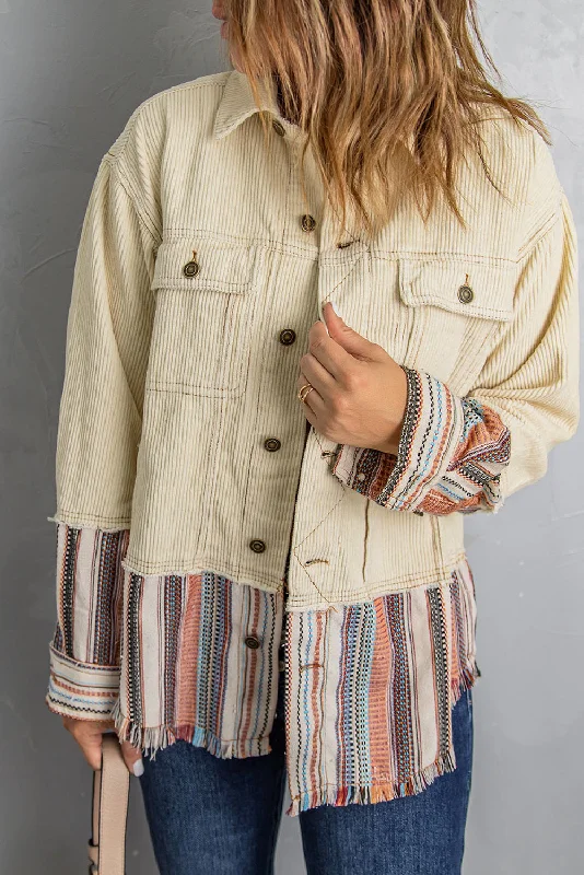 Fringed JacketsDouble Take Striped Frayed Hem Corduroy Jacket