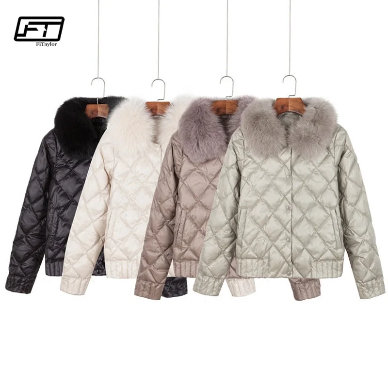 Embellished JacketsFitaylor Women Down Jacket Winter Warm Ultra Light Real Collar Short Jacket White Duck Down Parka Elegant Coat Outwear