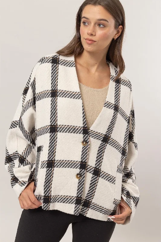 Fringed JacketsHYFVE Plaid Long Sleeve Jacket with Side Slit Pockets