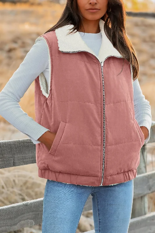 Windproof JacketsSherpa Fleece Vest Zip Up Sleeveless Reversible Winter Warm Puffer Jacket Outerwear