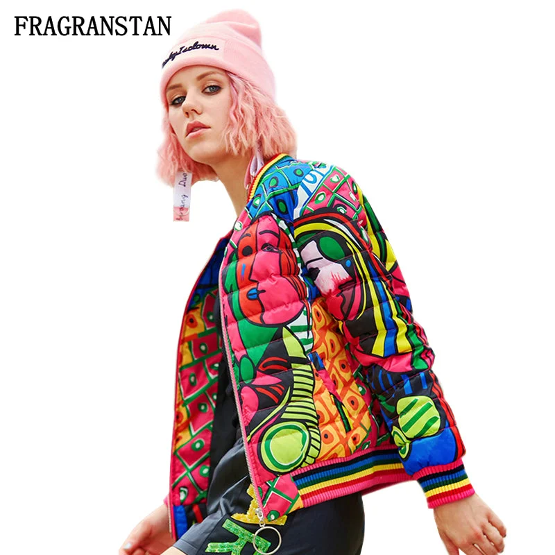 Lace-Up JacketsWomen Winter New Stand Collar Down Jacket Fashion Abstract Print High Quality Parkas Female Casual Slim Baseball Uniform JQ752