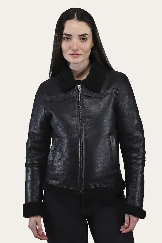 Fishing JacketsWomen's Leather Jacket With Sherling Collar And Cuffs