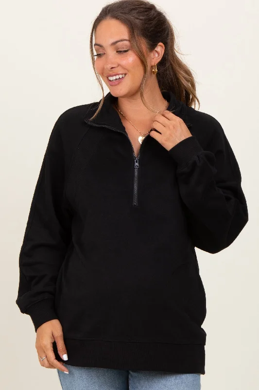 Camping HoodiesBlack Half Zip Contrast Rib Sweatshirt Maternity Top