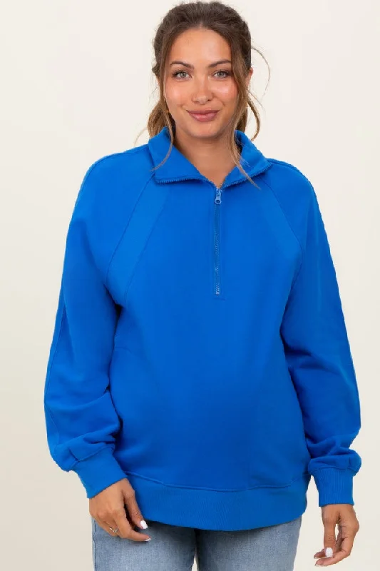 Pocketed HoodiesBlue Half Zip Contrast Rib Sweatshirt Maternity Top