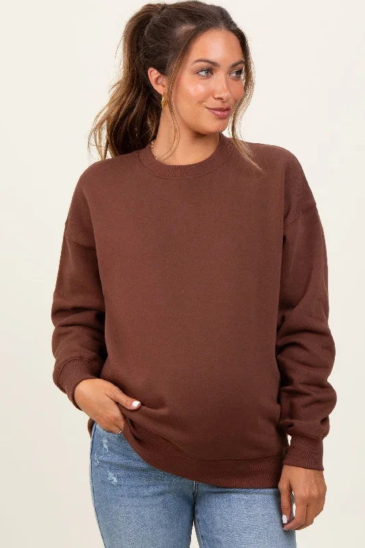 Zip-Up HoodiesBrown Fleece Crew Neck Relaxed Fit Maternity Sweatshirt