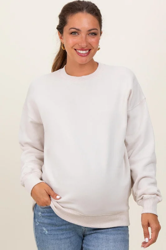 Tasseled SweatshirtsCream Fleece Crew Neck Relaxed Fit Maternity Sweatshirt