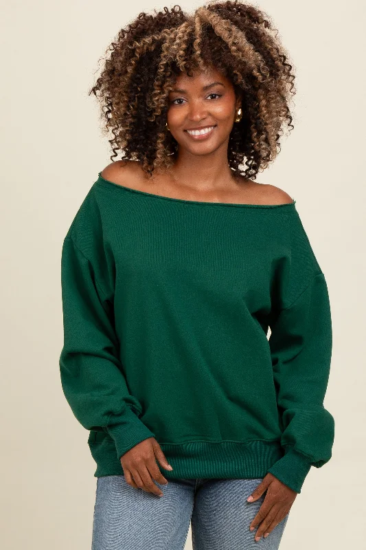 Fringed HoodiesForest Green One Shoulder Sweatshirt