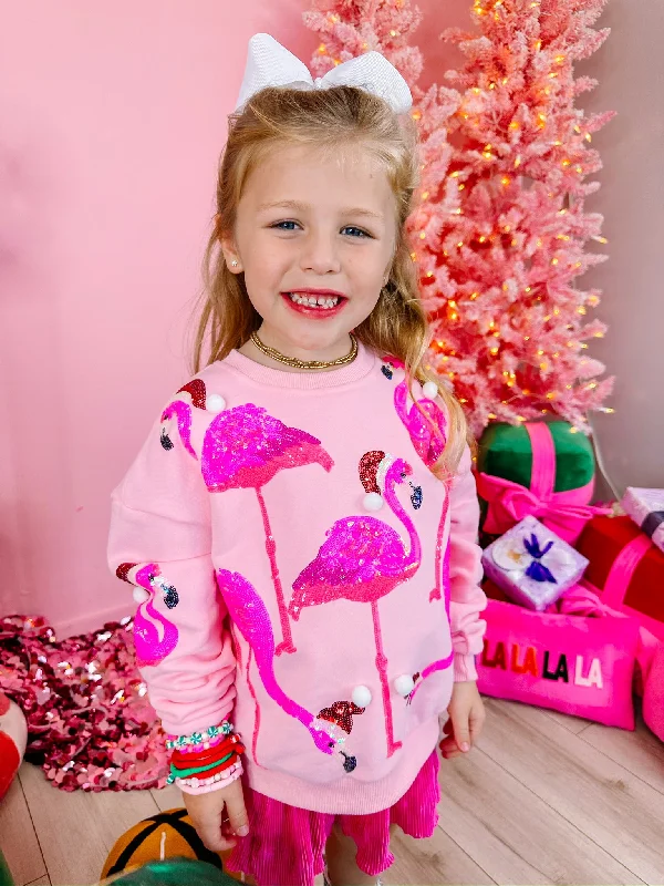 Pocketed HoodiesKIDS FLAMINGO SANTA HAT SWEATSHIRT - PINK