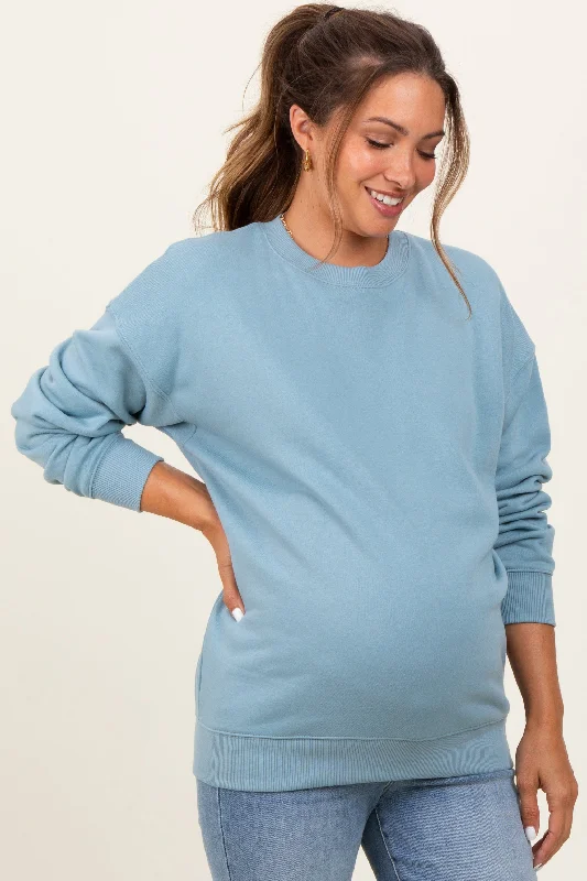 Embellished SweatshirtsLight Blue Fleece Crew Neck Relaxed Fit Maternity Sweatshirt