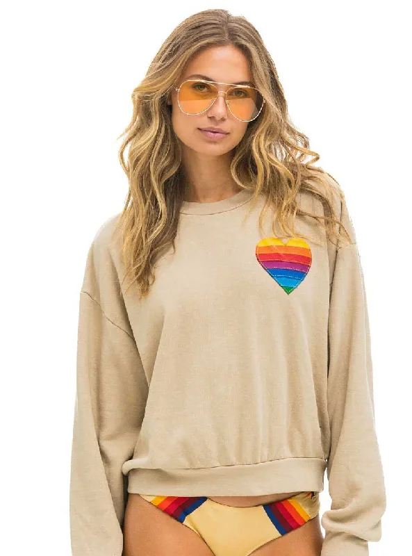 Zip-Up HoodiesAviator Nation Women's Rainbow Heart Stitch Relaxed Crew Sweatshirt - Sand Tan